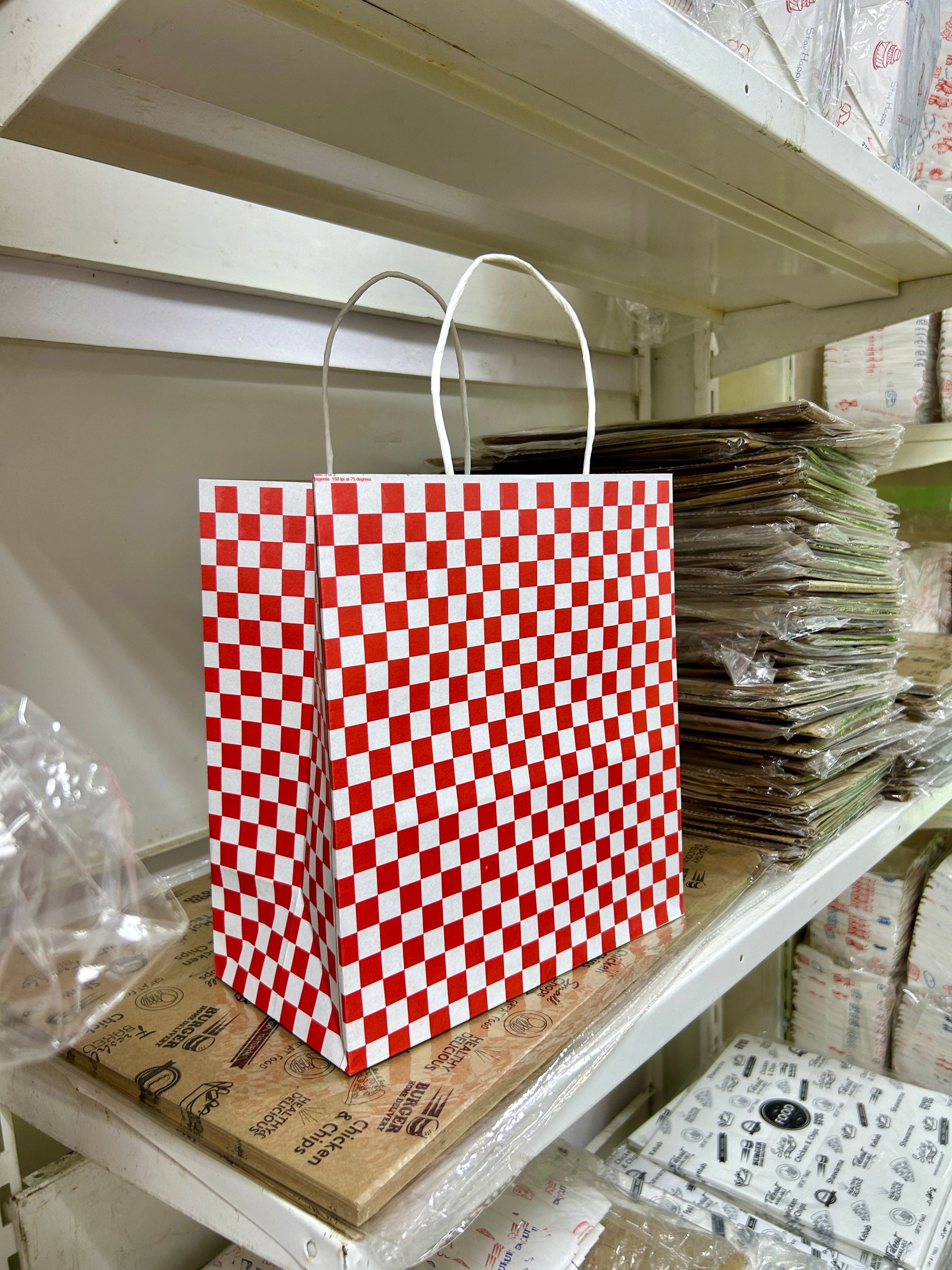 “RED & WHITE CHECKERED ” DELIVERY CARRIER BAGS - 12” x 10” x 5.5”  ( WITH HANDLES )  (Copy)_1