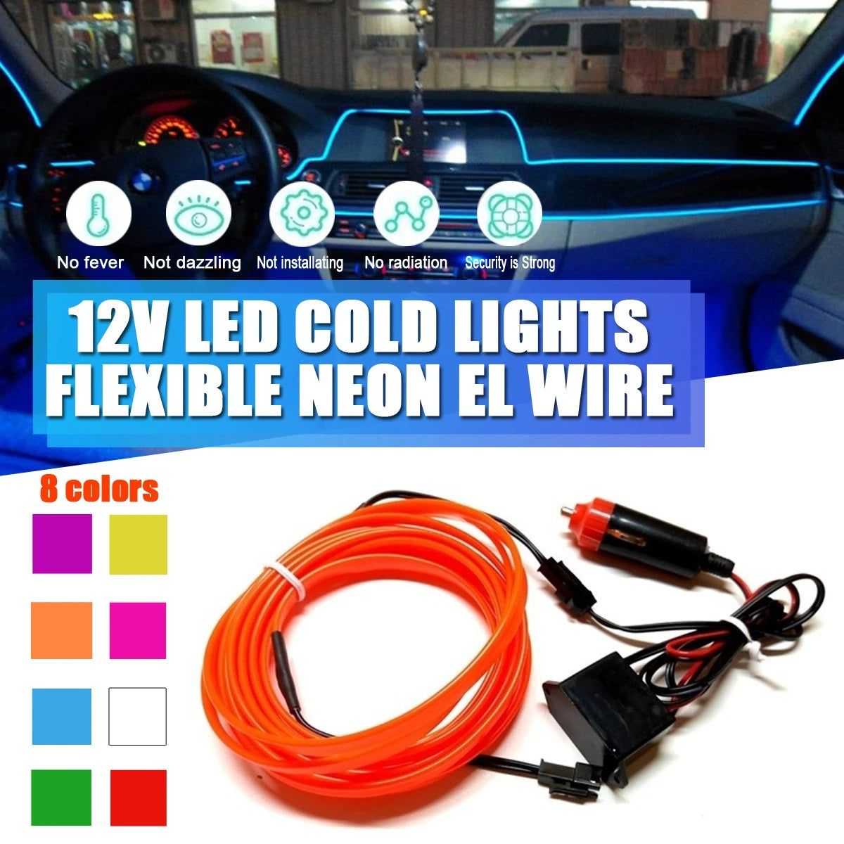 Enhance Your Car’s Interior with the 5M Flexible Neon EL Wire Light (ORANGE)_0