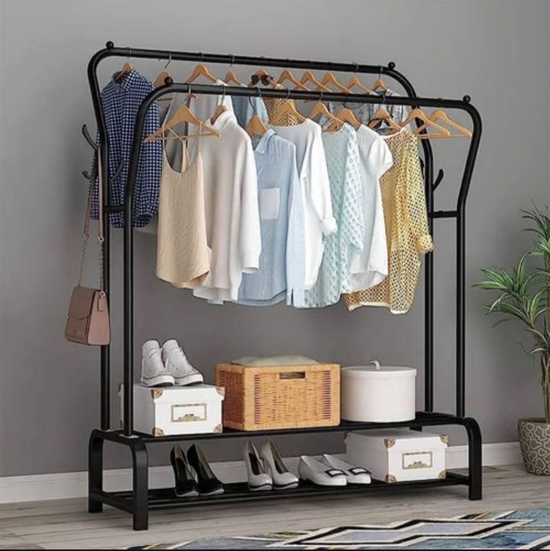 Large Wide Double 2-Tier Coat Hanging Stand -Black_2