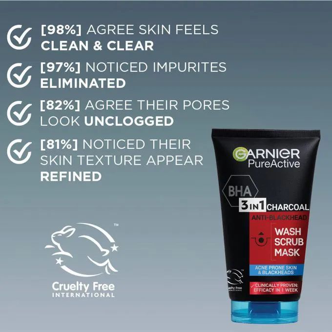 Garnier Pure Active 3 In1 Charcoal Anti Blackhead Mask Wash Scrub 150ml- powered by salicylic acid & purifying charcoal_0