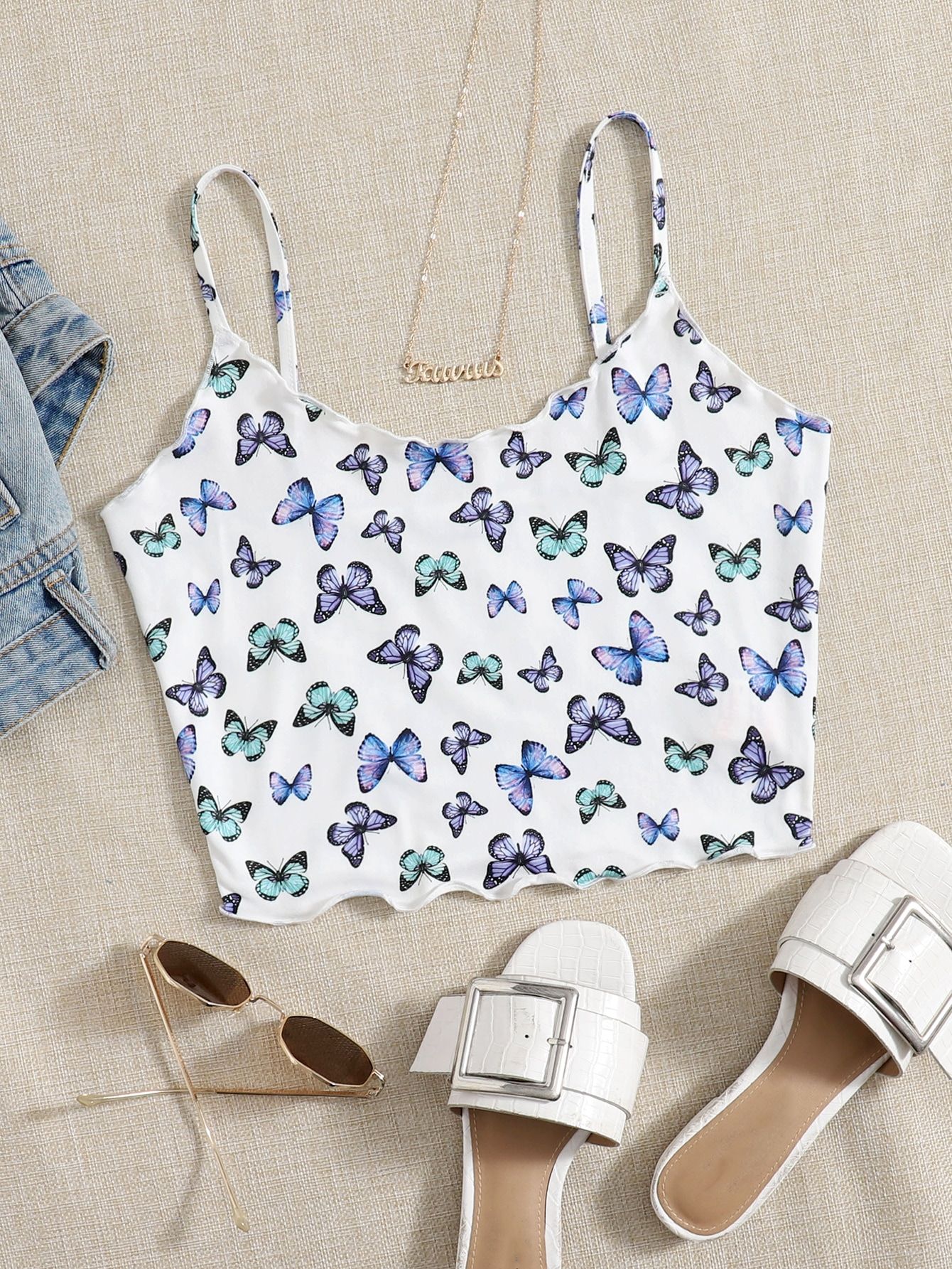 EZwear Lettuce Trim Allover Butterfly Print Crop Cami Top_0