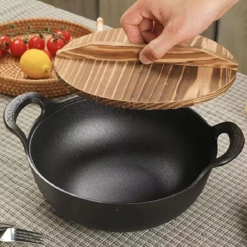 Pre-seasoned Pure Cast Iron Flat Bottom Wok with Wooden Lid_0