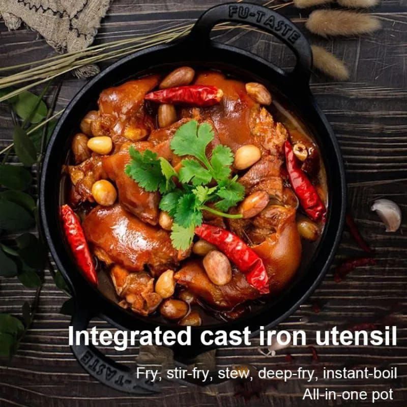 Pre-seasoned Pure Cast Iron Flat Bottom Wok with Wooden Lid_2