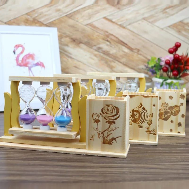 Handicraft Wooden Pen Stand with 3 Hourglass Timer_1