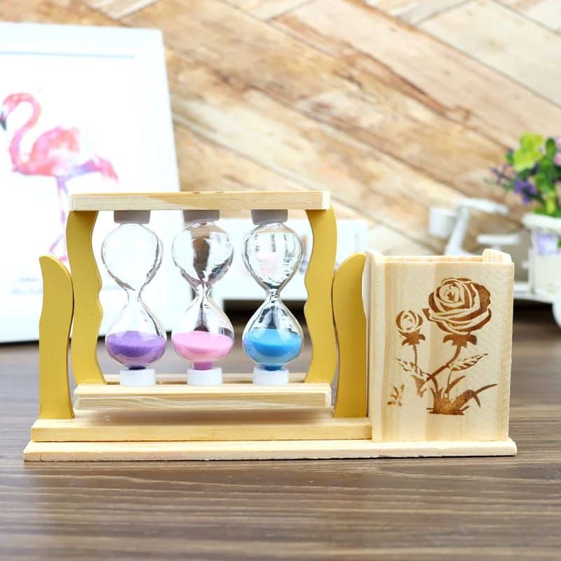 Handicraft Wooden Pen Stand with 3 Hourglass Timer_3