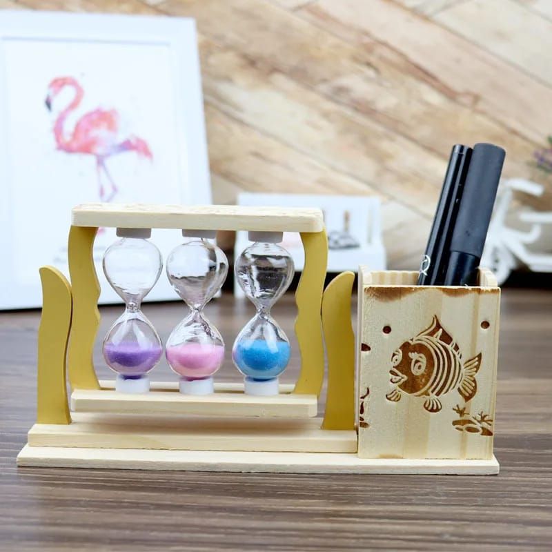 Handicraft Wooden Pen Stand with 3 Hourglass Timer_2