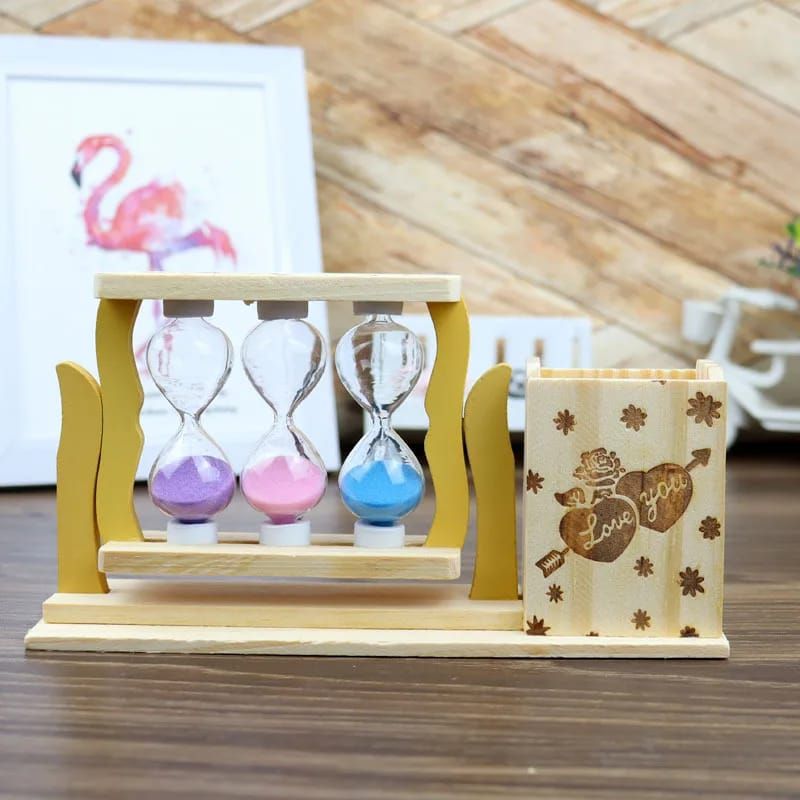 Handicraft Wooden Pen Stand with 3 Hourglass Timer_0