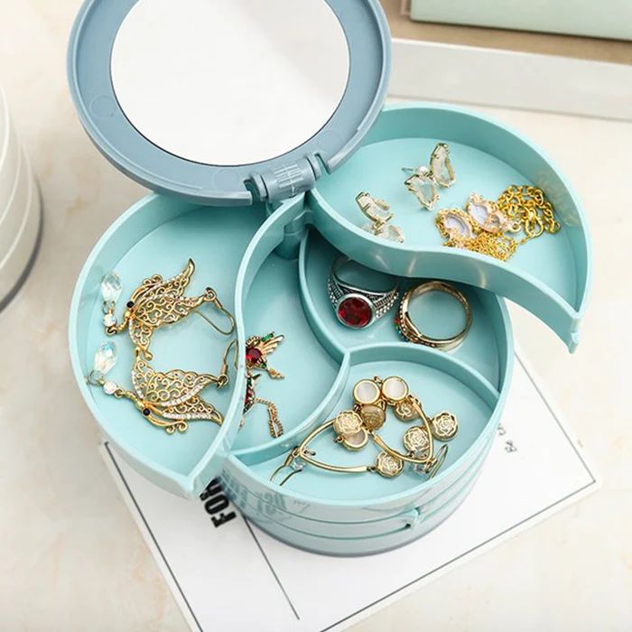 4 Layers Jewellery Box, 360 Degree Rotating Jewelry Box, Jewelry and Earring Organizer Box with Mirror, Accessory Storage Box, Travel Decor Portable Jewelry Case Ornaments Storage Box Necklace Jewelry Organizer Jewelry Organizer Box_0