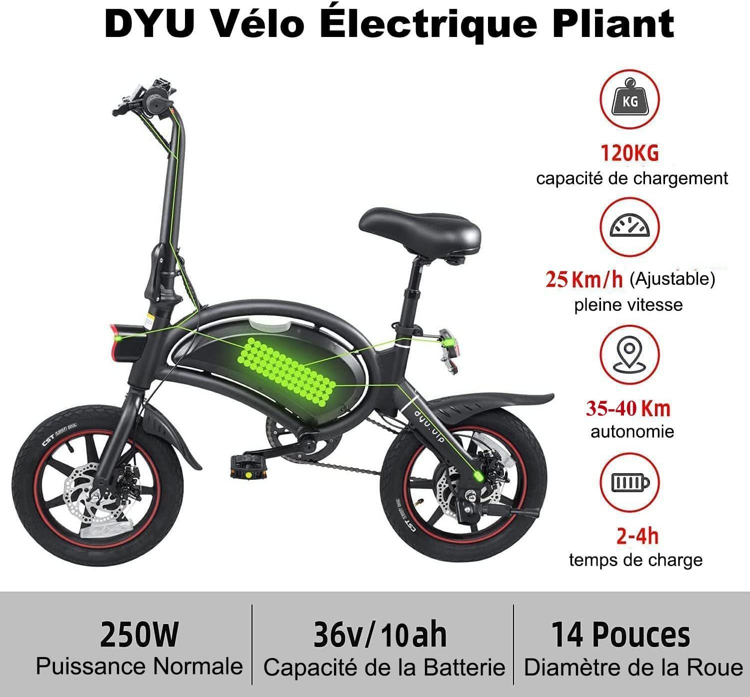 DYU D3F Folding Electric Bike - 14" Wheels, 250W Motor, 36V Battery_2