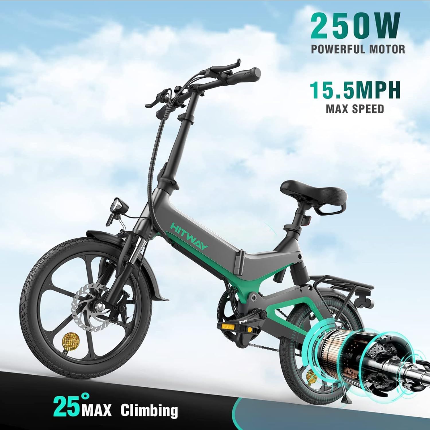 HITWAY Electric Bike 250W Foldable Pedal Assist E Bike with 7.8Ah Battery without accelerator, 16inch for Teenager and Adults_1