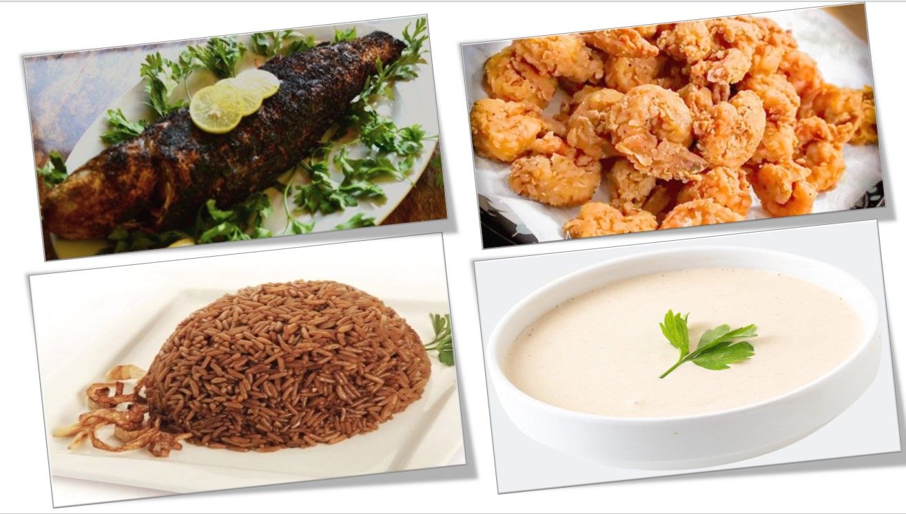 Sea bass or Sea bream grilled, 6pcs of Prawns (Fried or Grilled) , Sayadiyah Rice, Tahini _0