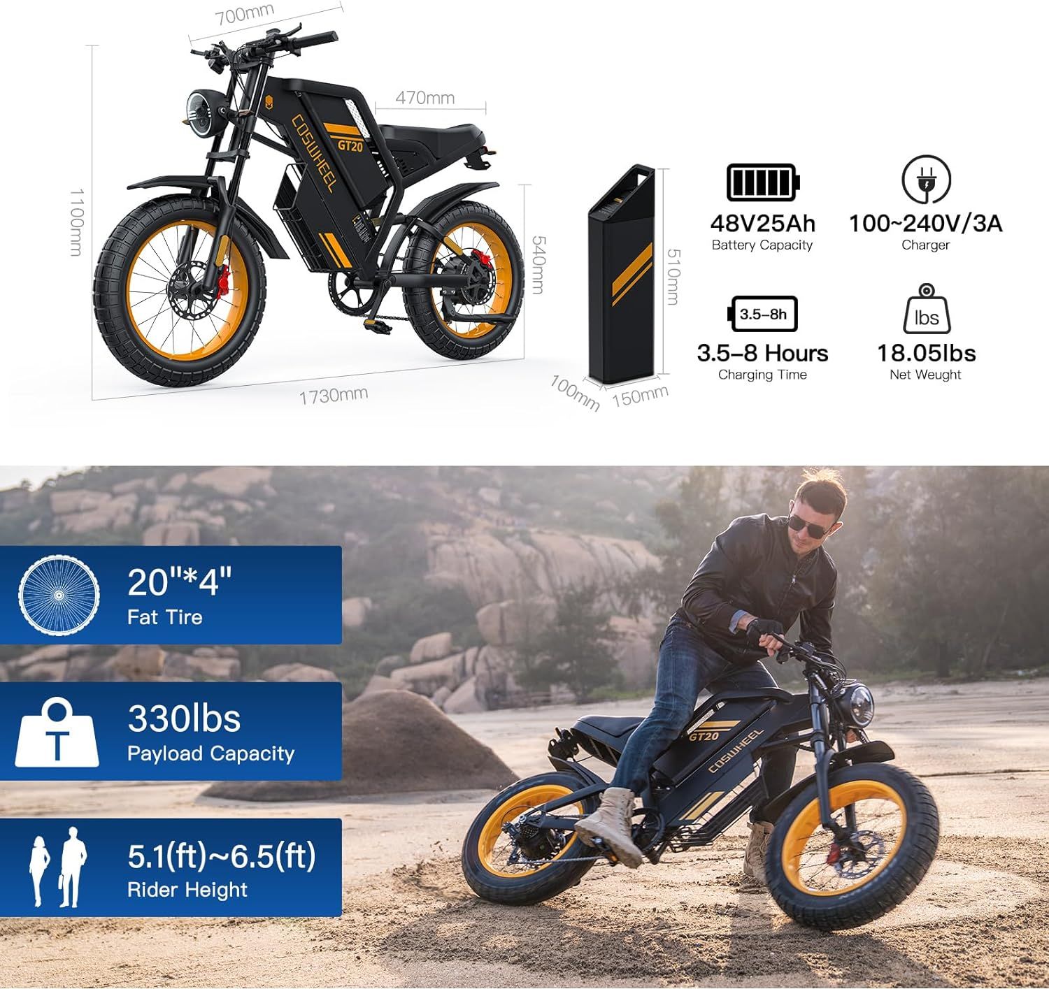 GT20 Electric Bike for Adults, Electric Dirt Bike with 1500W Motor 48V/25Ah Removable Battery, Up to 31MPH & 93 Miles, Electric Motorcycle with 7-Speed, 20" x 4.0 Fat Tire Ebikes for Adults_6