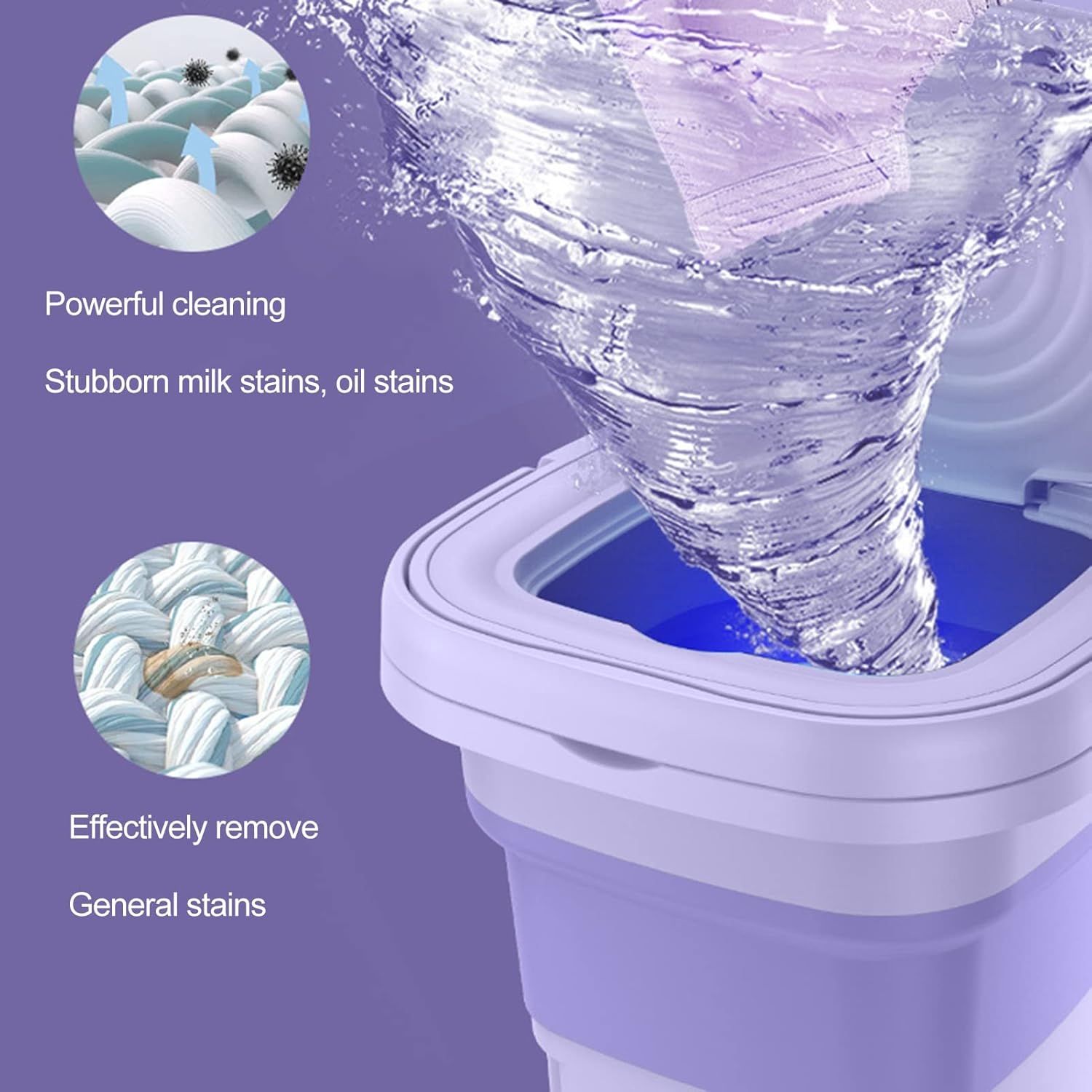 8L Portable Washing Machine,Folding Mini Washer Machine with Blue Light Drain Basket,3 Levels Timing Vibration Wave Foldable Laundry Bucket for Camping, Travel Purple_1