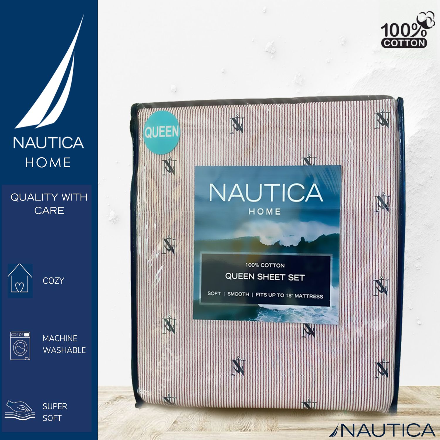 Nautica Home Sheet Set - Queen - Red Pinstripe_0