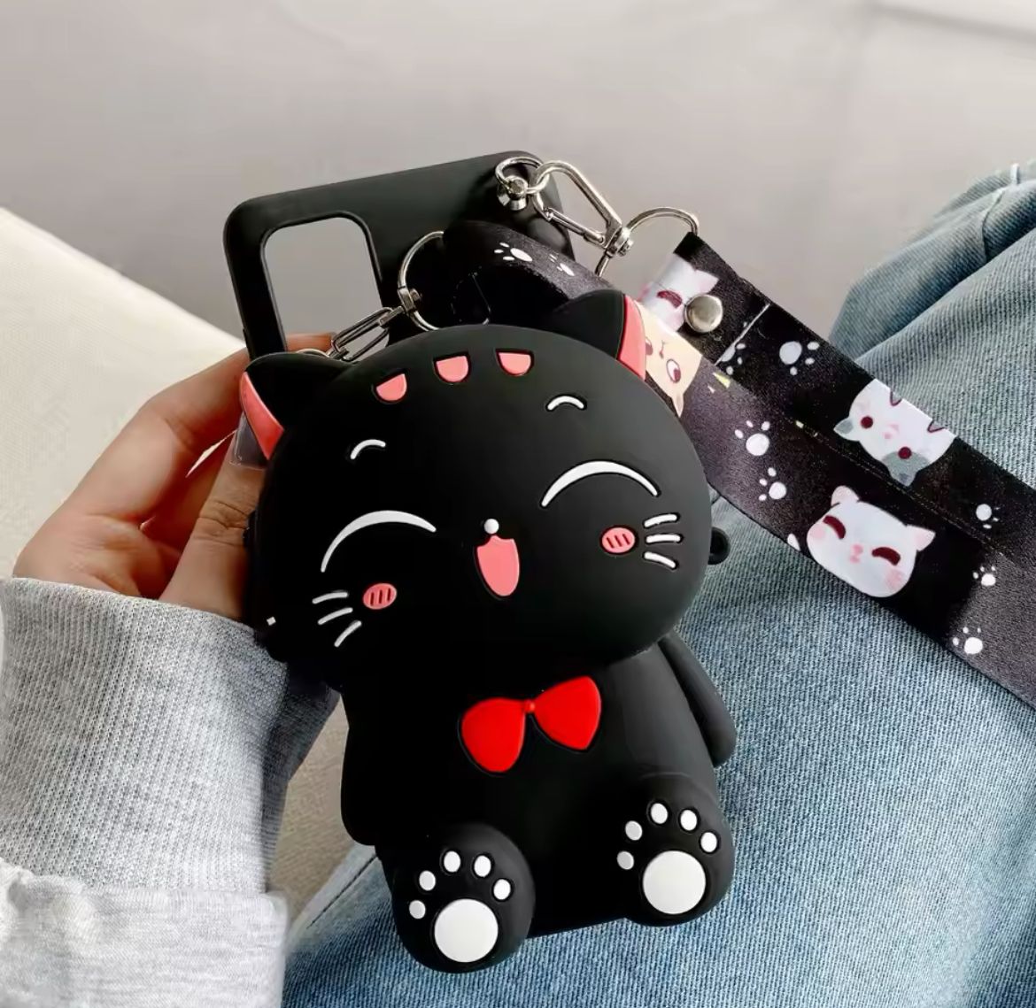 Cartoon 3D Cat Coin Wallet Case For Apple iPhone 15 14 13 12 mini 11 Pro 6 6S 7 8 Plus XR XS Max Cute Bags Cover With Rope_3