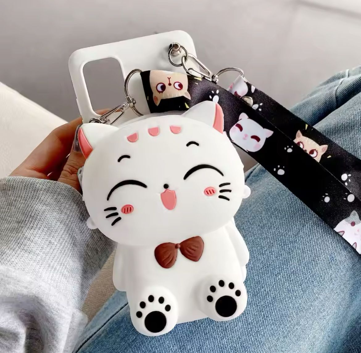 Cartoon 3D Cat Coin Wallet Case For Apple iPhone 15 14 13 12 mini 11 Pro 6 6S 7 8 Plus XR XS Max Cute Bags Cover With Rope_2