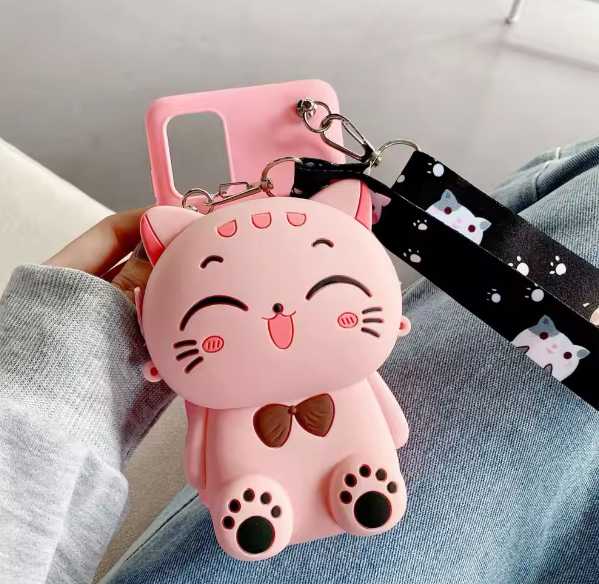 Cartoon 3D Cat Coin Wallet Case For Apple iPhone 15 14 13 12 mini 11 Pro 6 6S 7 8 Plus XR XS Max Cute Bags Cover With Rope_4