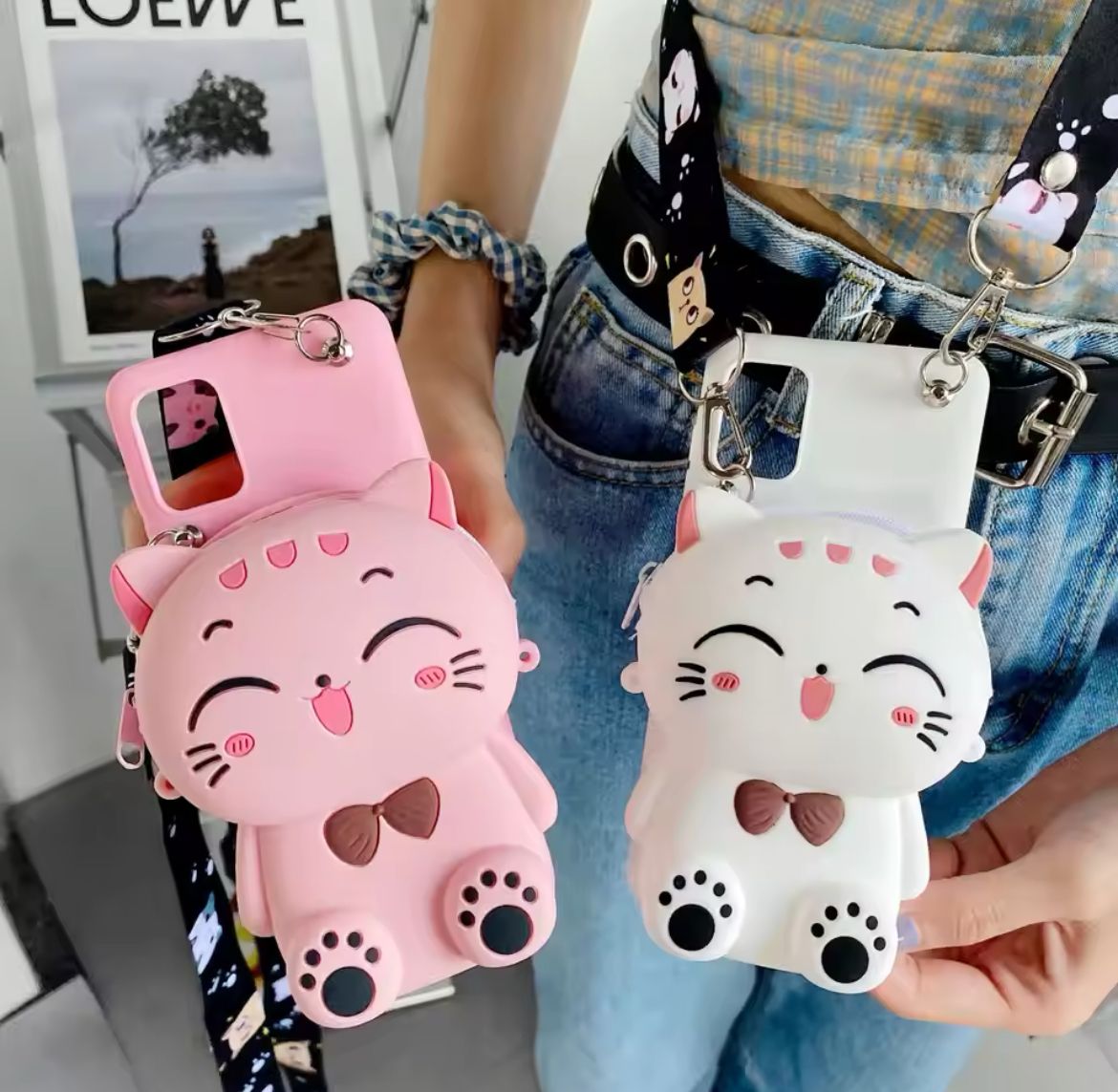 Cartoon 3D Cat Coin Wallet Case For Apple iPhone 15 14 13 12 mini 11 Pro 6 6S 7 8 Plus XR XS Max Cute Bags Cover With Rope_1