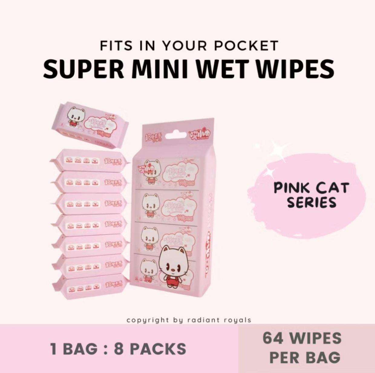 Mini Wet Wipes Pink Cat - 8 Pack_0