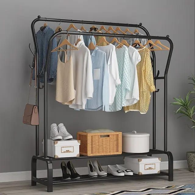 Curved Double Clothes Rack with 2 Bottom Shelf Storage Organizer Space & has Side Hooks_0