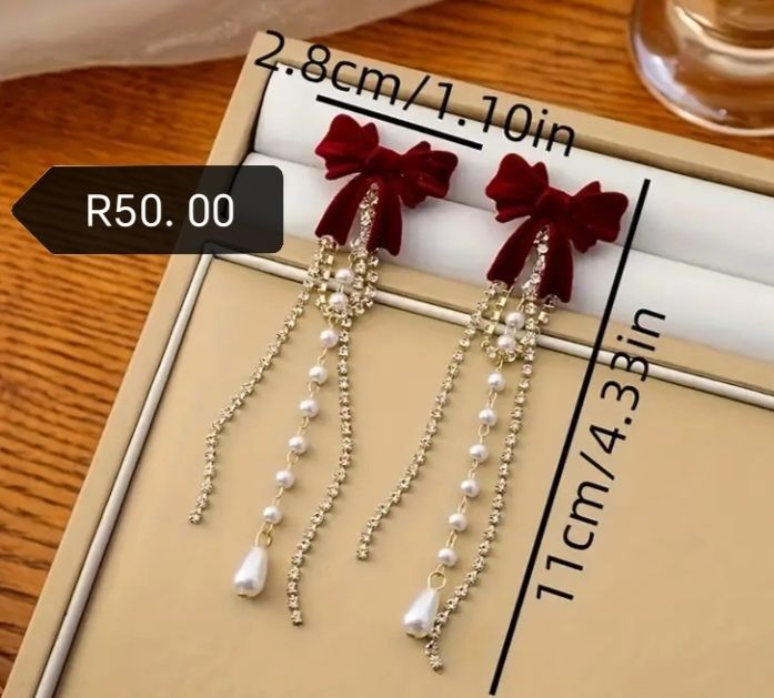 2pcs Retro Red Bow Alloy Tassel Dangle Earrings_0