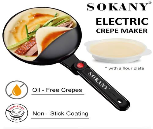 Sokany, Cordless Crepe Maker Non-Stick Dipping Plate plus Electric Base and Spatula Black_2