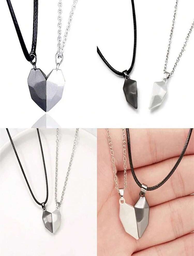 2pcs black and white cord metallic magnet heart necklace _2