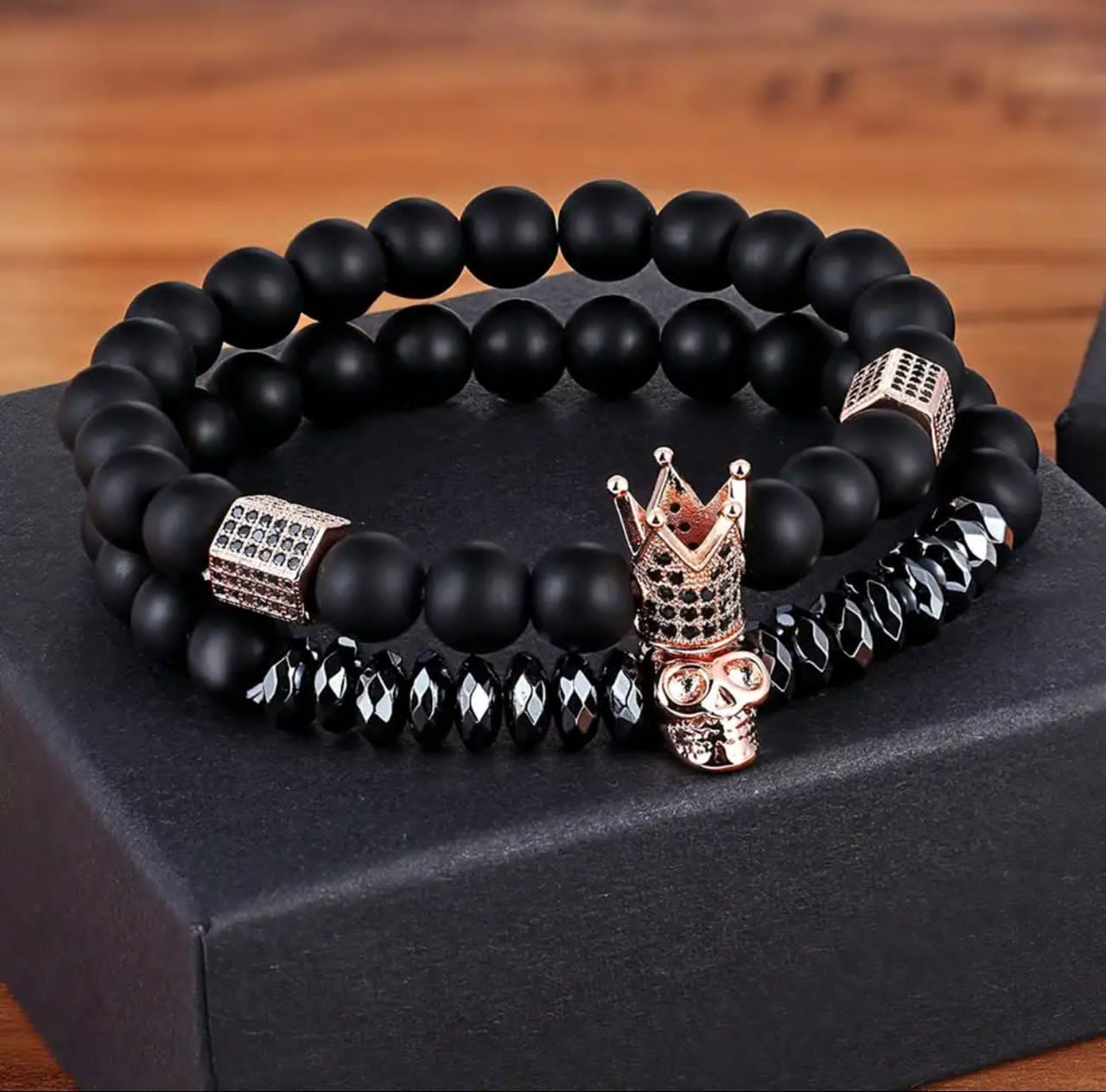 Lot de 2 Bracelets Élastiques - Skull et Couronne avec Perles Noires_1