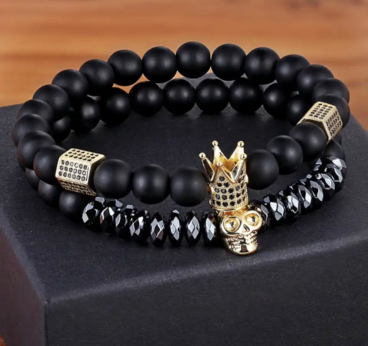 Lot de 2 Bracelets Élastiques - Skull et Couronne avec Perles Noires_0