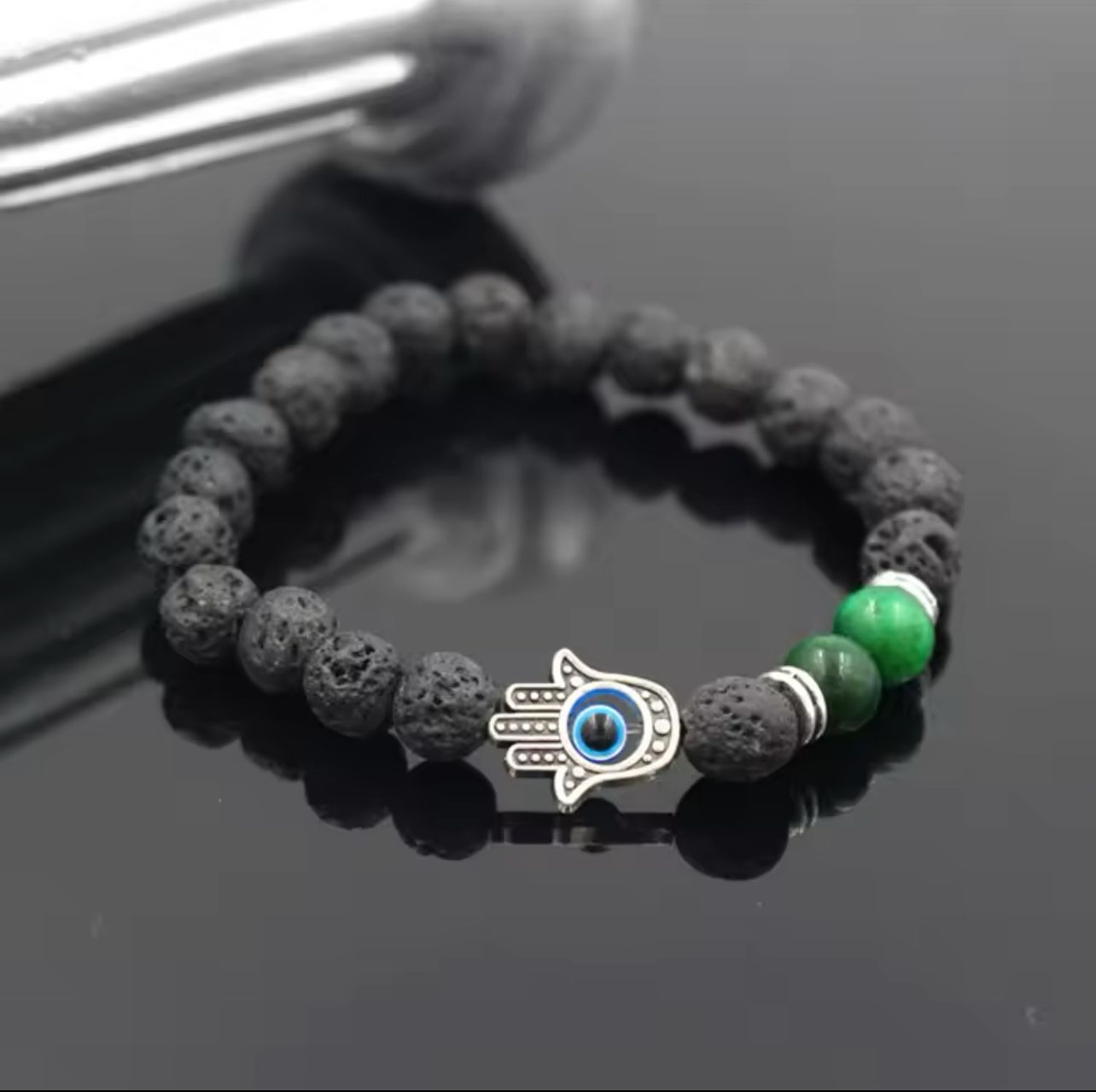 Bracelet Œil de Fatima Vert avec Perles Noires_0