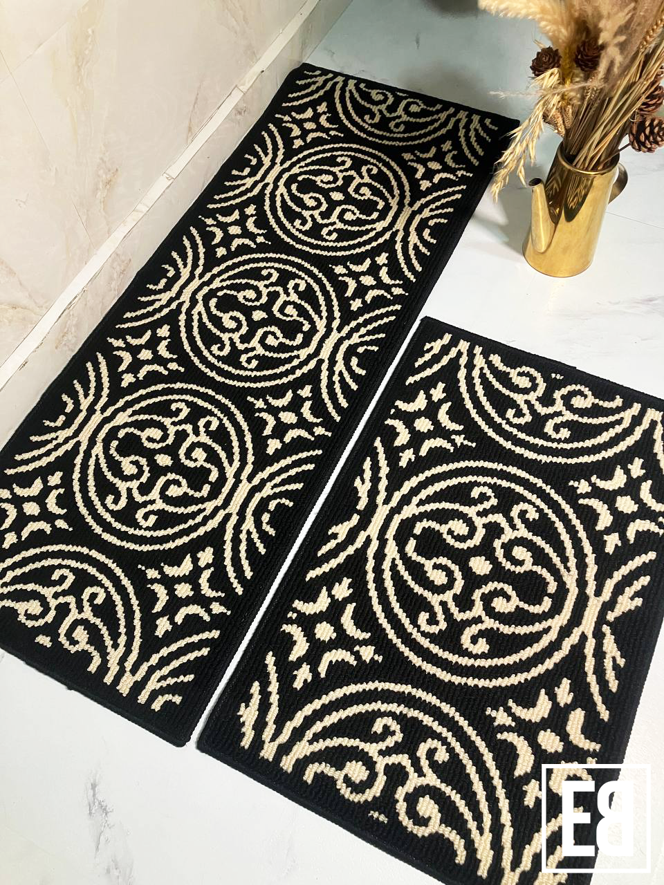  (R910) Flourish Black Floor Rug 45cm*70cm + 45cm*120cm_0