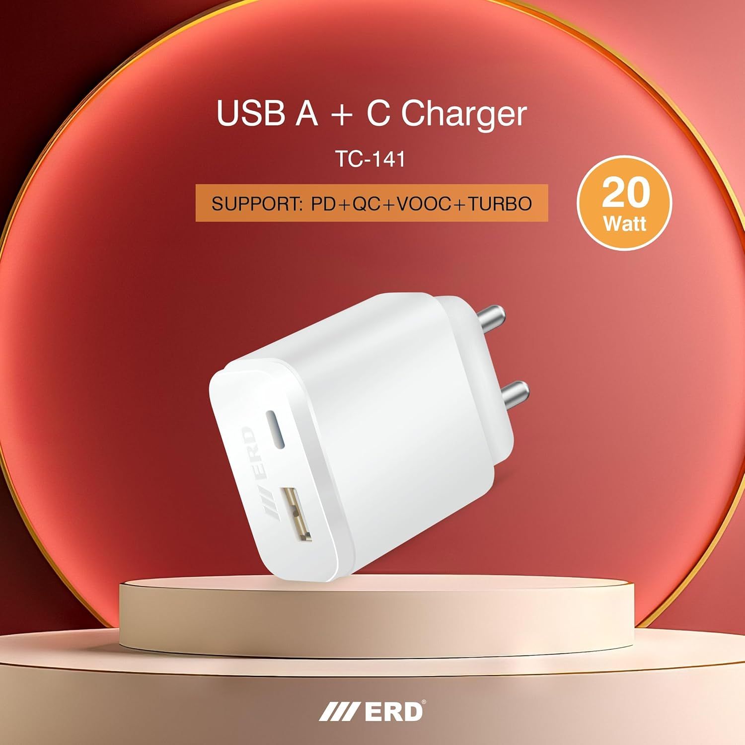 ERD Pro Series TC-141 (20W Fast Charger) Adapter (VOOC, PD, Turbo) USB A+C Fast Charging Technology, Dual Output_2