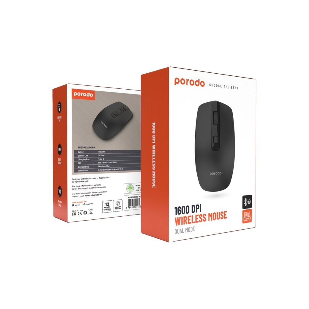 Porodo 2.4G Wireless and Bluetooth Rechargeable Moue DPI 1600_1