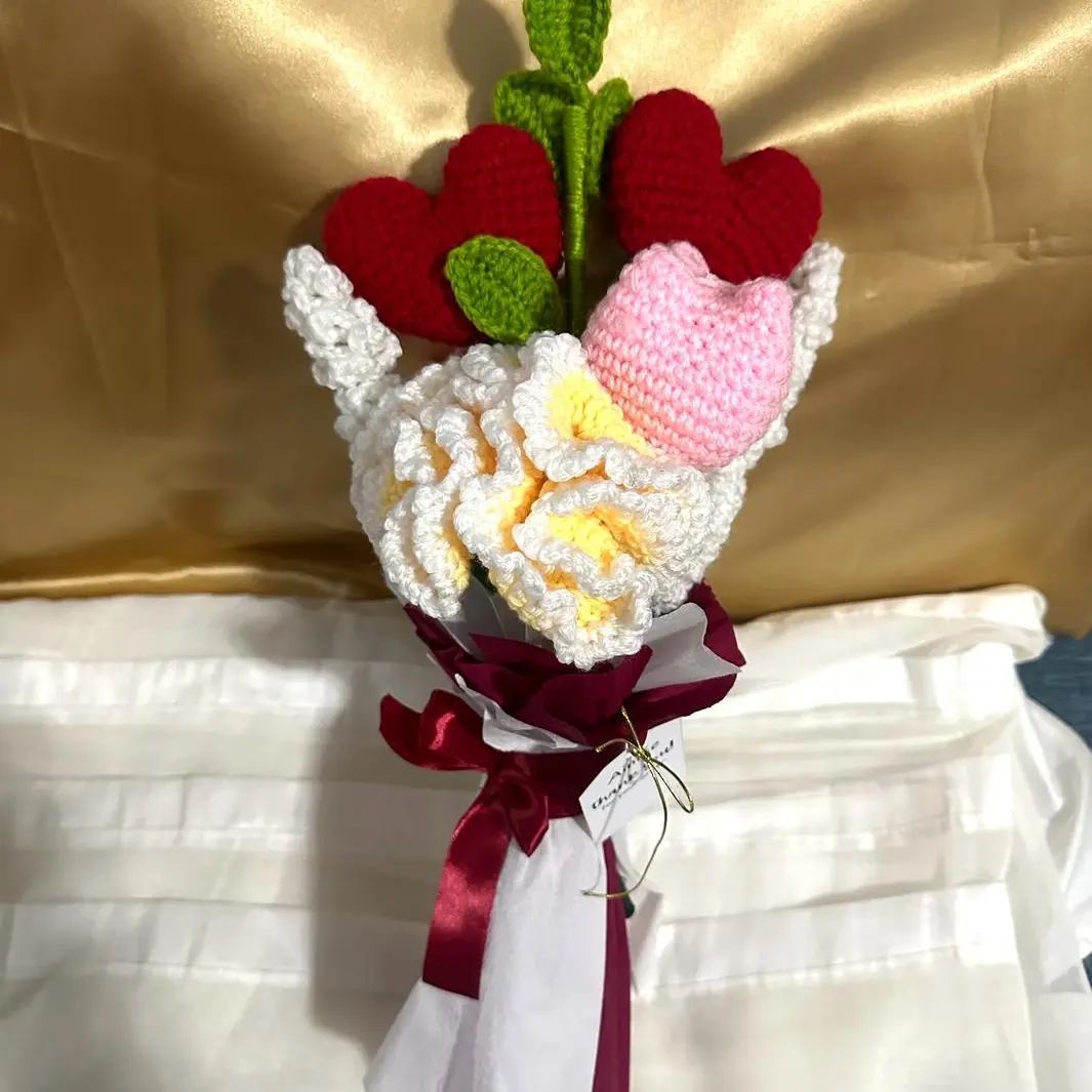 Crochet flower bouquet including 2 heart, 2 tulips, 2 lavenders, 1 carnation and a leaf branch_1