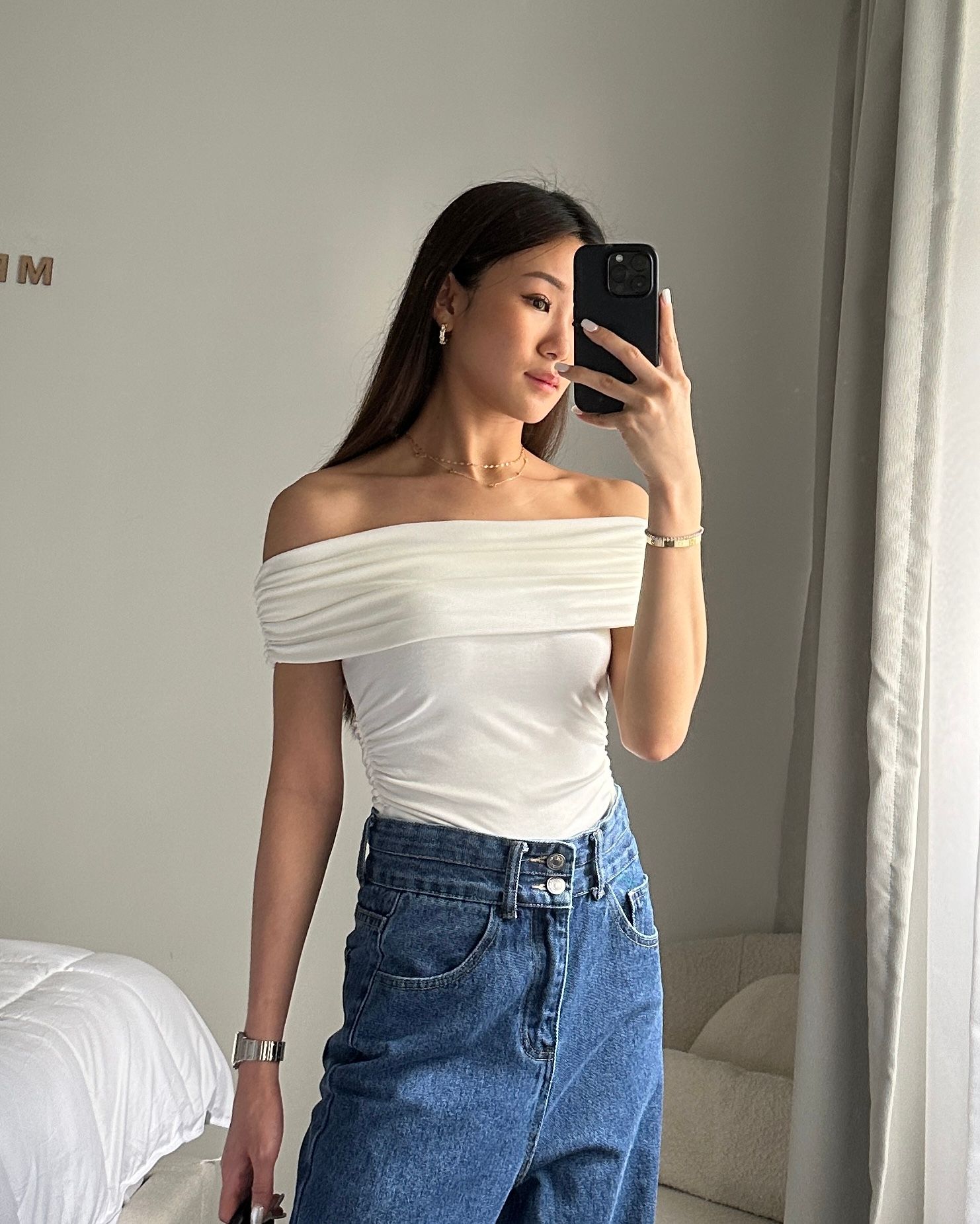 RUCHED OFF SHOULDER TOP _0