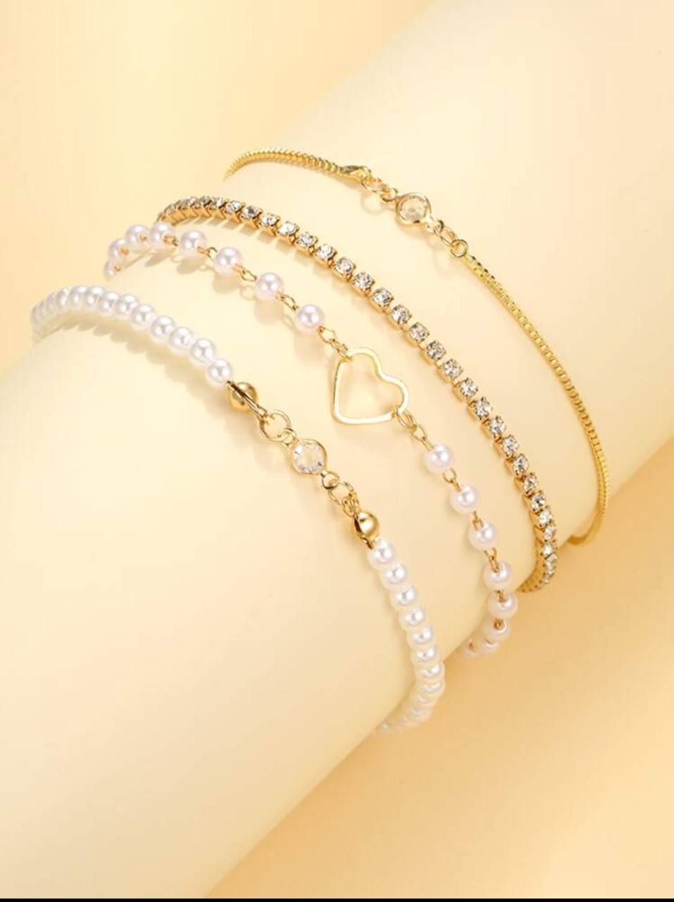 4pcs Simple Heart -Shaped Faux Rhinestone Bracelets _2