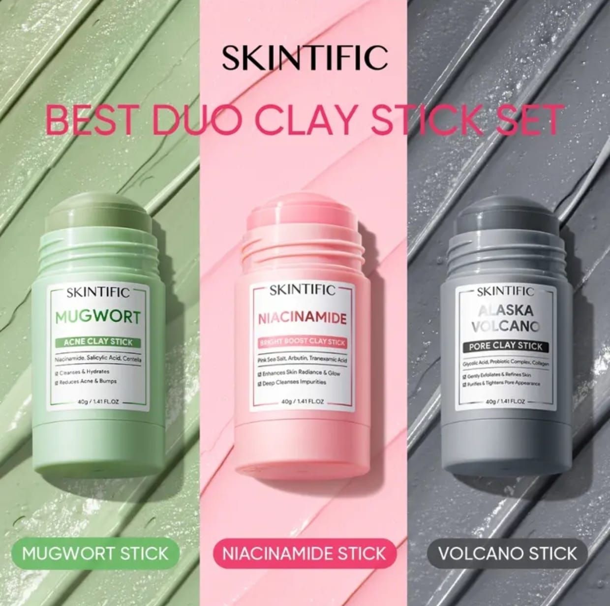 SKINTIFIC Clay Mask Stick (Pink, Green, Grey)_0