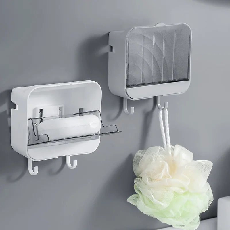 Wall Mounted Drain Soap Dish Holder with Case and Hooks_0