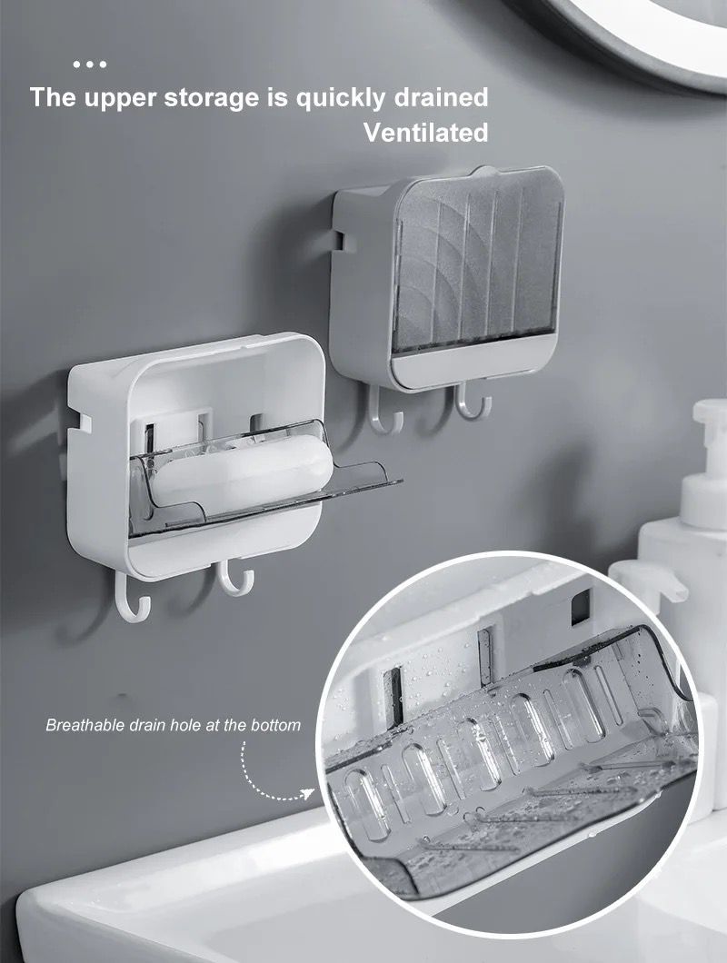 Wall Mounted Drain Soap Dish Holder with Case and Hooks_1