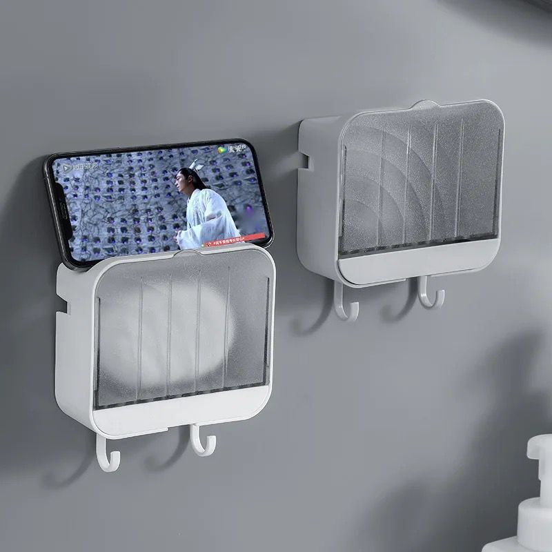 Wall Mounted Drain Soap Dish Holder with Case and Hooks_3