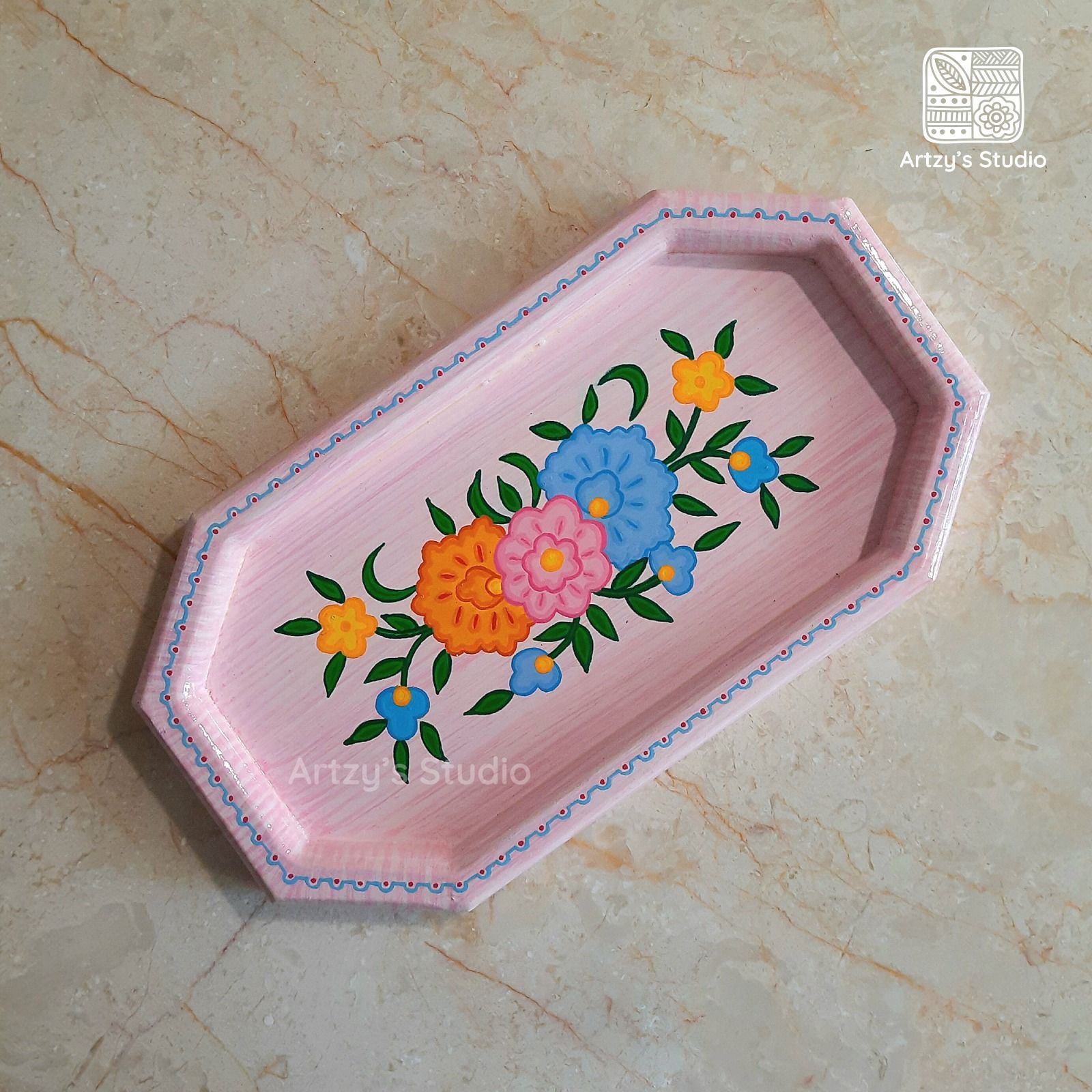 Light Pink Color Flower Design Medium Octagon Tray_0