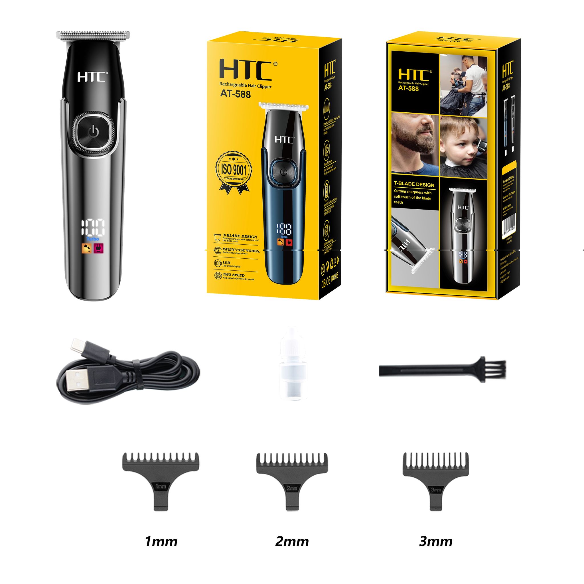 HTC Hair Clipper, Beard Trimmer with 2 Speed Settings, USB Rechargeable Cordless T-Shape Shaver with LED Display and 3 Combs, AT588 (BLACK)_0