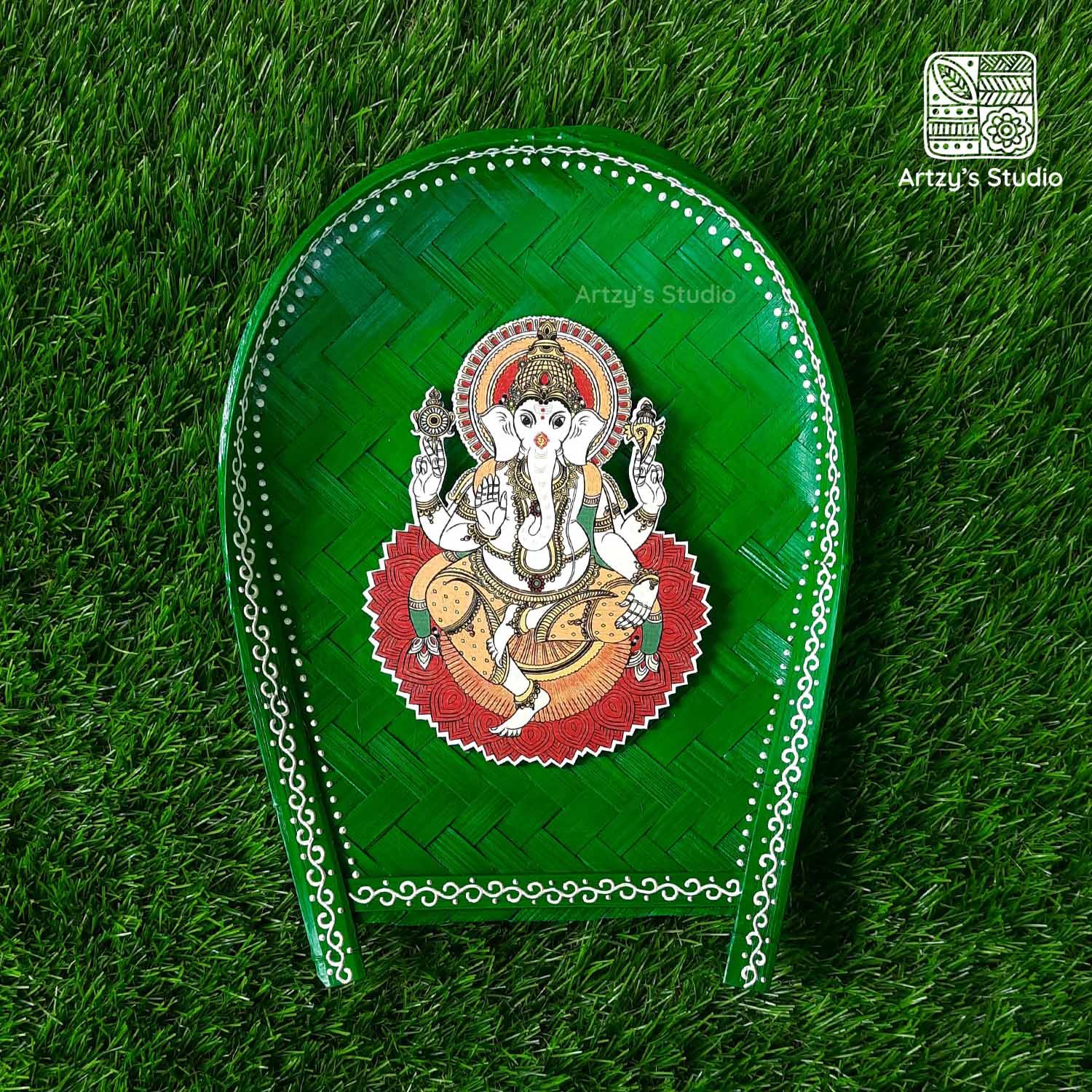 Decorated Small Sup with Small Ganpati on Lotus and Green BG_0