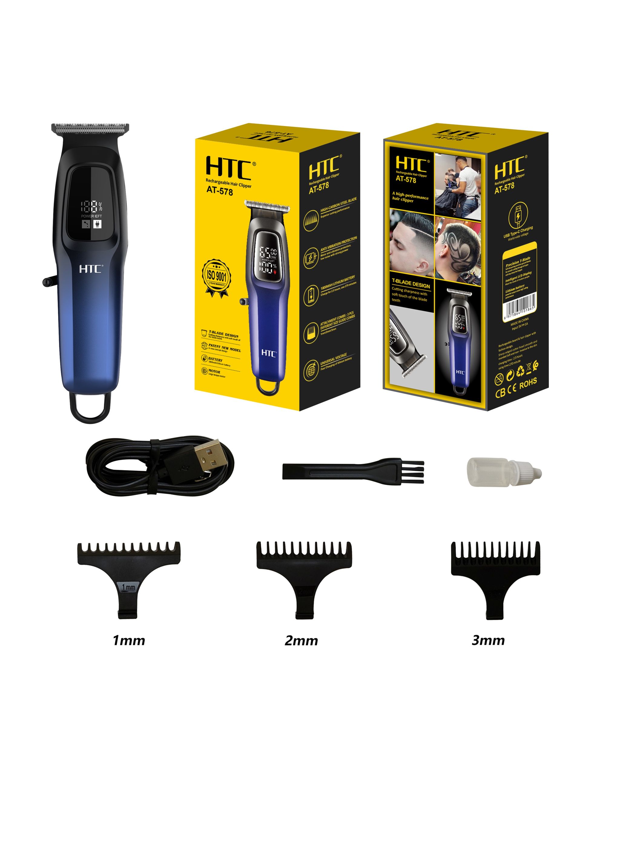 HTC Hair Clipper, Beard Trimmer with USB Rechargeable Cordless T-Shape Shaver with LED Display and 3 Combs, AT578_0