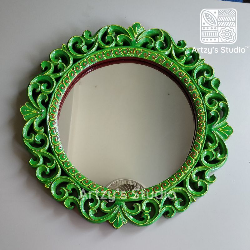 Handcrafted Carved Large Round Gold Wooden Mirror Frame_0