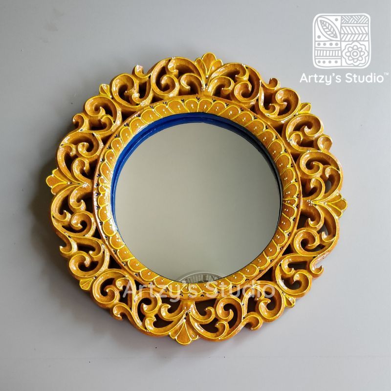 Handcrafted Carved Medium Round Gold Wooden Mirror Frame_0