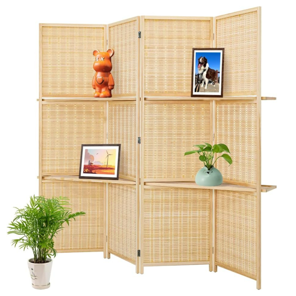 Bamboo Foldable Home Office Divider Partition Wall with Removable Storage Shelf_1