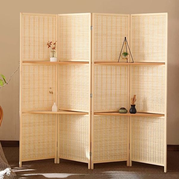 Bamboo Foldable Home Office Divider Partition Wall with Removable Storage Shelf_2