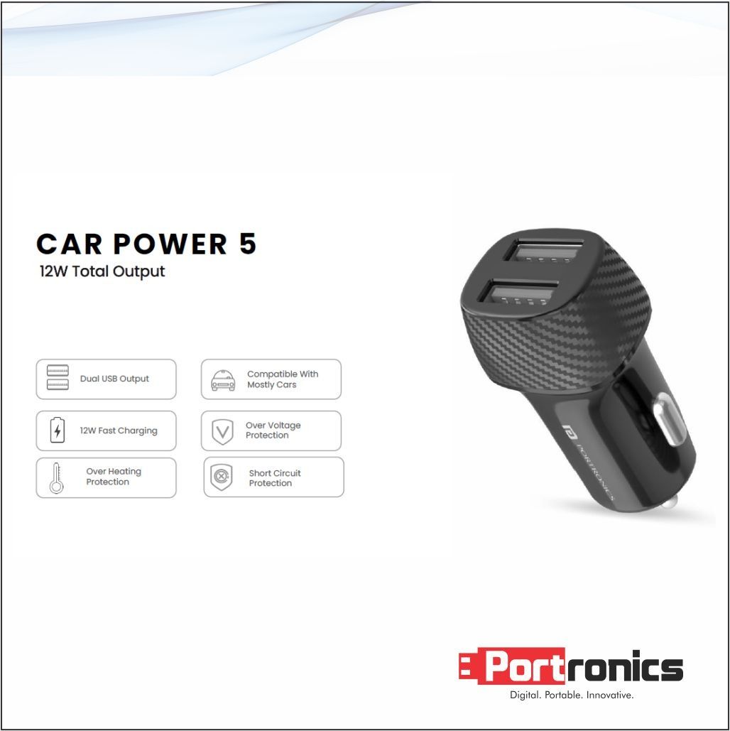 Portronics Car Power 5 Dual USB Ports 12 Watts Fast Car Charger BLACK_1