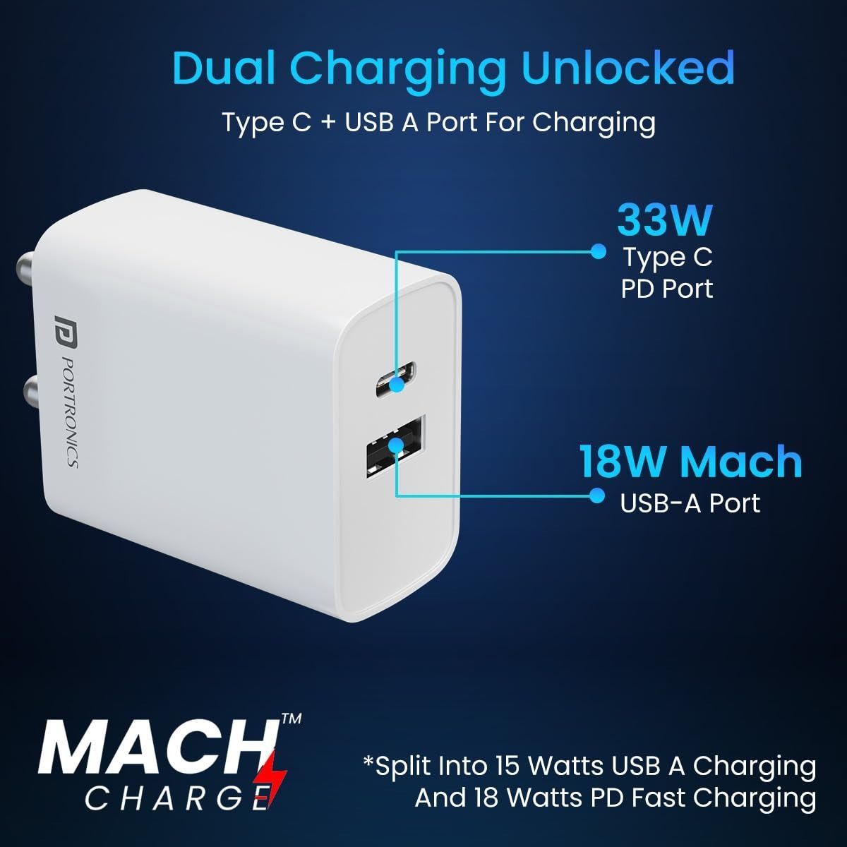 Portronics Adapto 70 33W Fast Charger Adapter with Dual Output (USB + Type C)_1